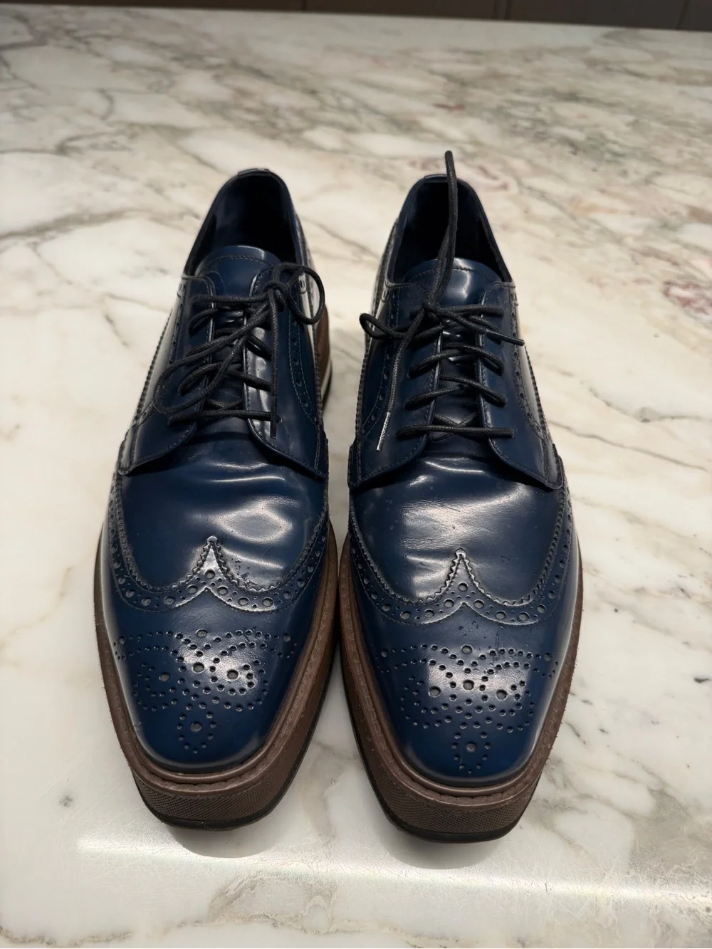 Prada Navy Leather Brogue Platform Derbys